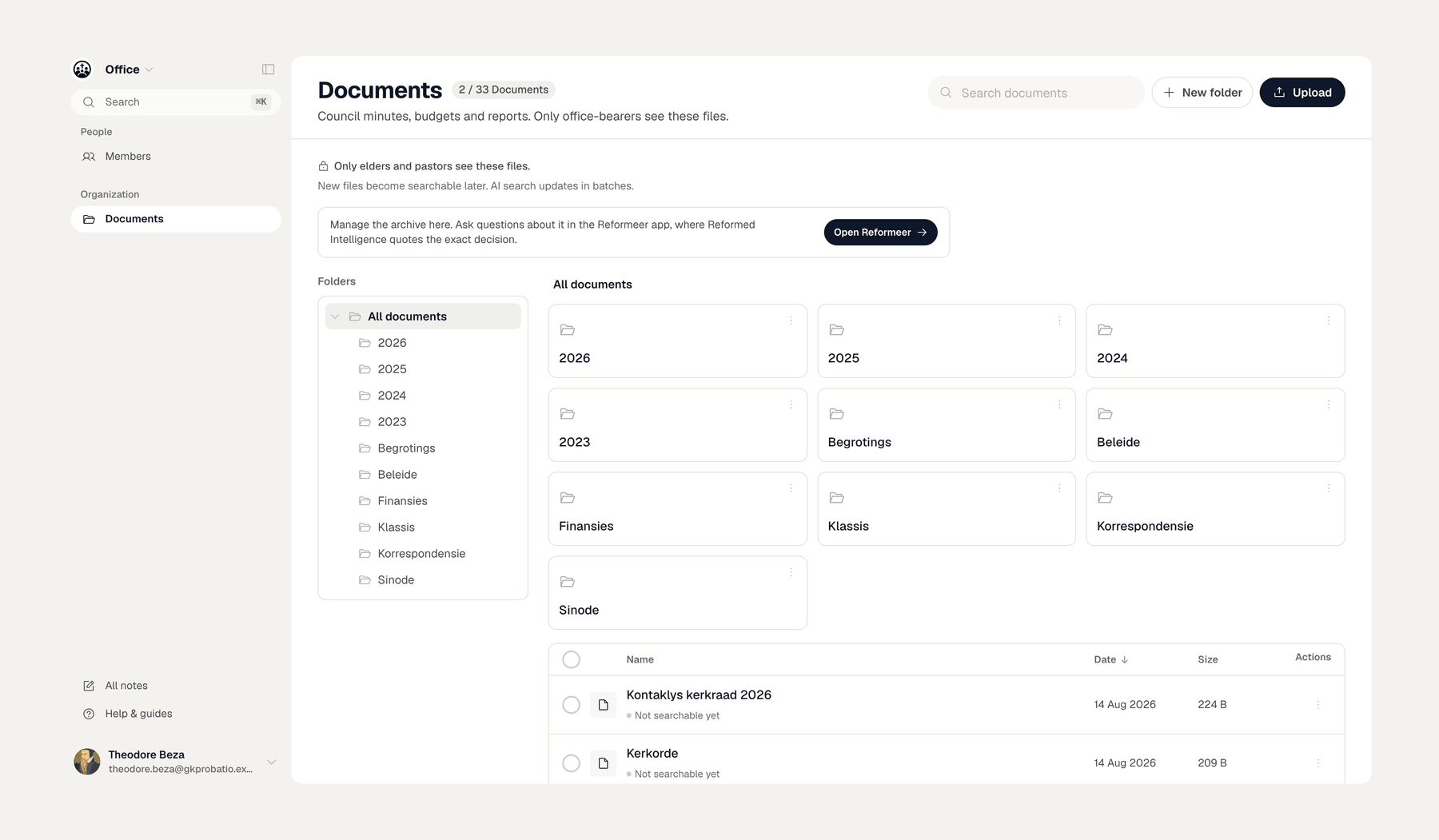 Reformeer Office: the council's documents in folders, with search and access control.