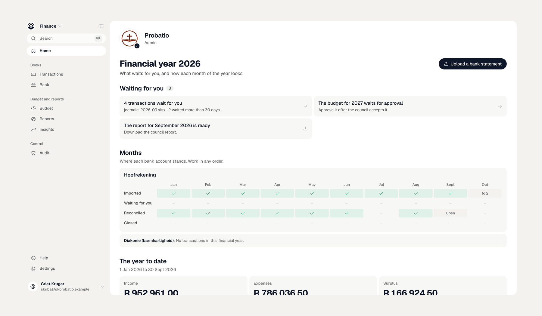 Reformeer Finance: the financial year at a glance, with what waits for you and each month's status.