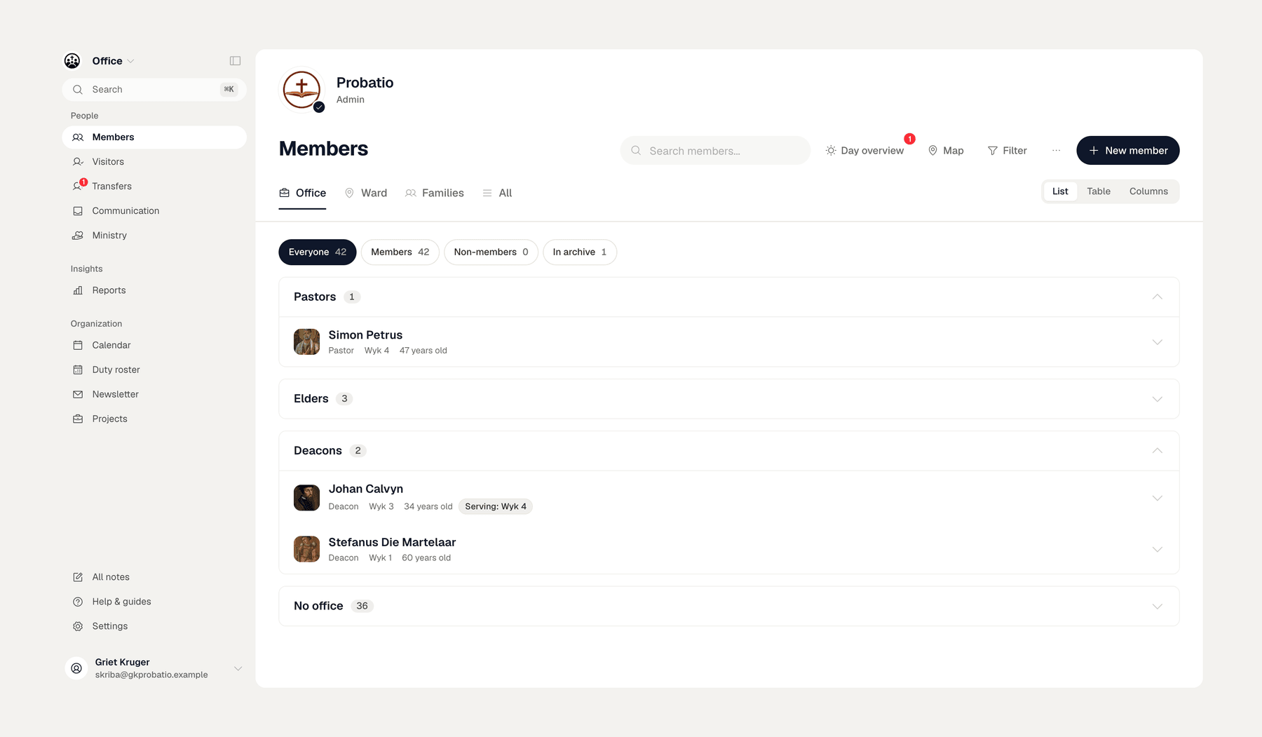 Reformeer Kantoor: member register with wards and council roles.