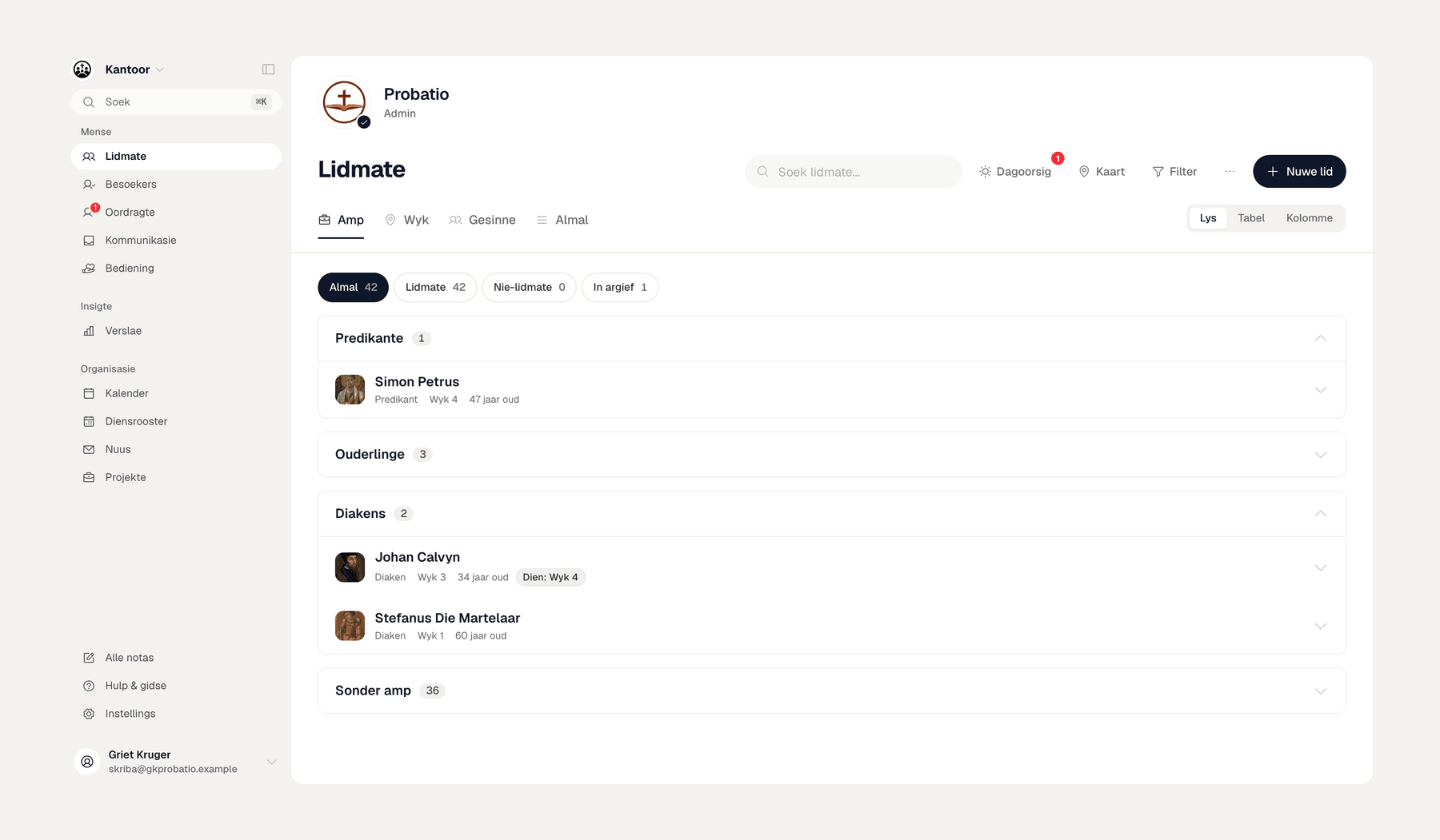 Die lidmaatregister in Kantoor, die kerkkantoor-app